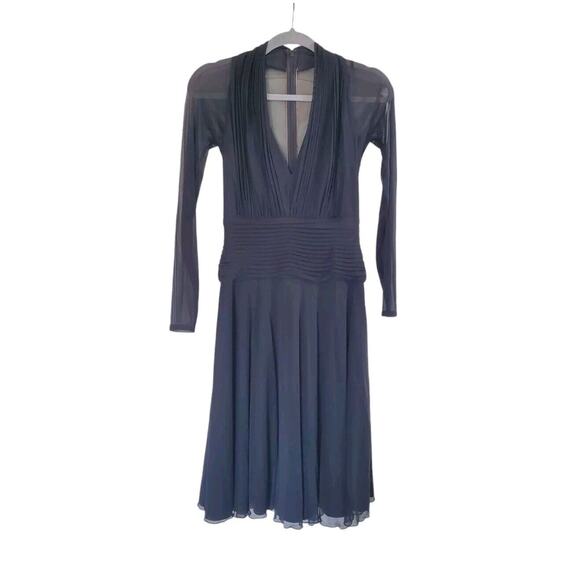 Tadashi Petite Collection Pleated Sheer Long Sleeve Knee Length Black Dress, SP - Picture 1 of 13